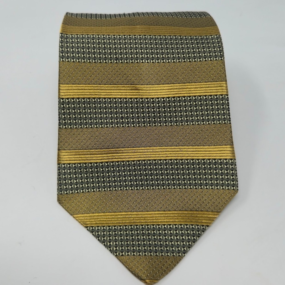 Henry Grethel Mens Silk Tie Gold Olive Black Striped Geometric Made in USA 4in